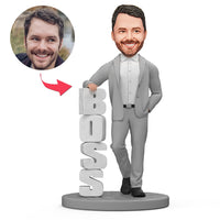 Personalized Boss Bobblehead – Custom Businessman in Gray Suit with Engraved Base